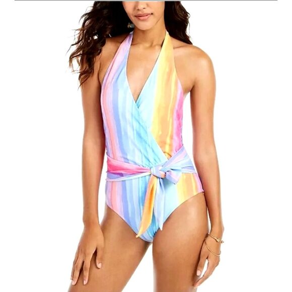 Rachel Roy XL Plunge Neck One-Piece Bathingsuit Rainbow Colorful Ombre Swimsuit - Picture 1 of 10